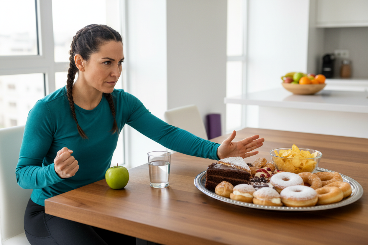 Generate an image of the same woman previously generated resisting the urge to eat food
